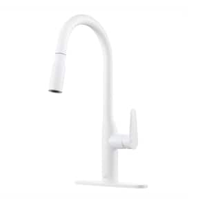 Modern Single Handle Pull Down Sprayer Kitchen Faucet with Deckplate and Water Supply Hoses in Matte White