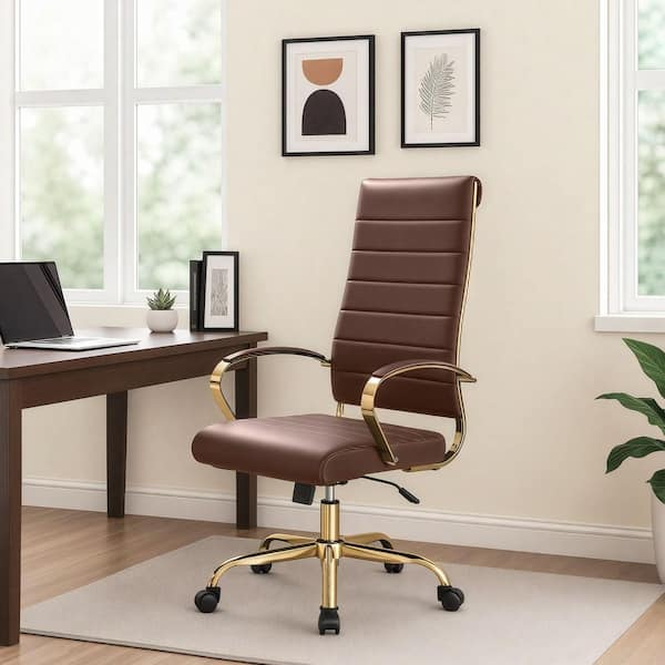 Benmar Leather High-Back Office Chair Adjustable Height, Swivel, Tilt in Stainless Steel Gold Frame in Brown