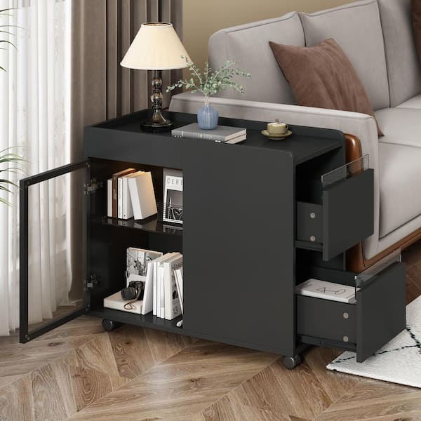 Harper & Bright Designs Movable 27.5 in. Black Rectangle Wood End Table with LED light, Transparent Brown Tempered Glass Door, Shelves 2-Drawers