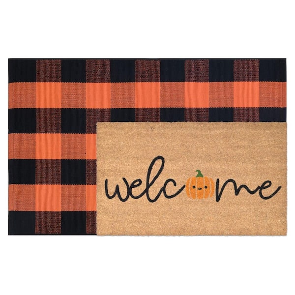 2 ft. x 1 ft. Orange and Black Synthetic Coco, Coir Fall Decor, Doormat Combo Set, Plaid Rug for Indoor Outdoor Entryway