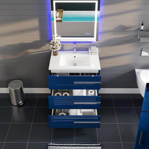 Eviva Olivia 24 in. W x 14 in. D x 34 in. H Bath Vanity in Blue with Single Sink and White Porcelain Top