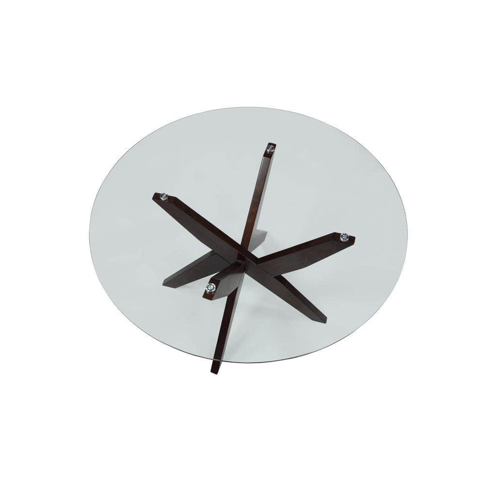 48" Round Clear Glass Top Walnut Base Dining Table for Six