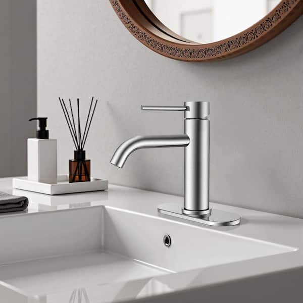 Single Handle Mid-Arc Bathroom Faucet with Deckplate and Pop-Up Drain in Brushed Nickel