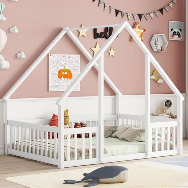 White Wood Frame Full Size House-Shaped Platform Bed with Fence and Guardrails