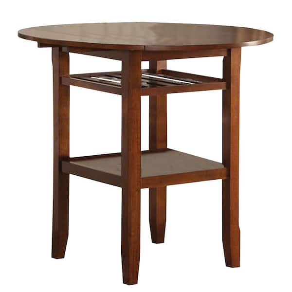 Benjara Brown Round Top Wooden Counter Table with Stemware Rack and 2-Drop Leaves