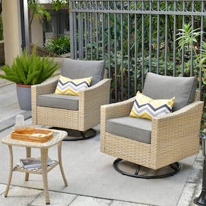 Oconee Beige 3-Piece Wicker Outdoor Patio Conversation Swivel Rocking Chair Set with Dark Gray Cushions