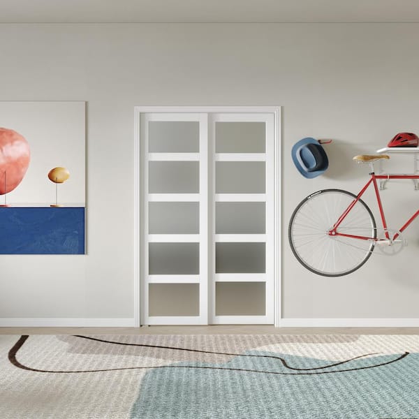 TENONER 48 in. x 80 in. MDF wood, White Double Frosted 5 Panel Glass Sliding Door with All Hardware