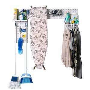 White Laundry Room Organizer Kit with 3-Steel Square Hole Pegboards, 2-Steel Shelves and 9-Piece LocHook Assortment