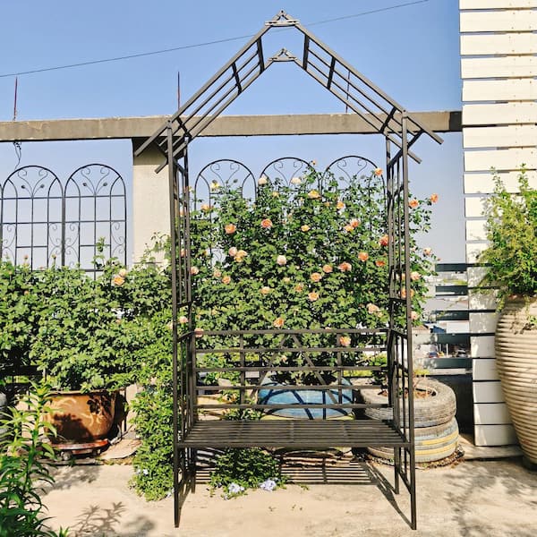97.24 in. H Outdoor Metal Garden Arch Garden Gazebo Trellis with Bench and Removable Backrest, Black