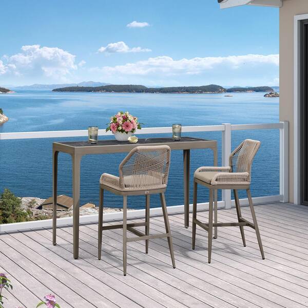 PURPLE LEAF Modern Aluminum Rectangle Bar Height Top Table and Wicker Outdoor Bar Stool Set with Taupe Cushions, 3-pack