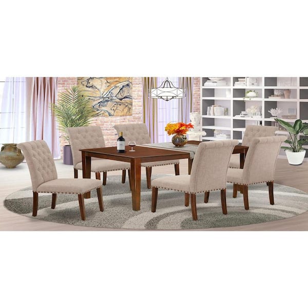 East West Furniture 7-Piece Rectangle Mahogany Finish Solid Wood Top Dining Table with 6-Parson Chairs with Lattice Back