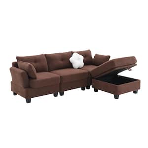 92 in. Flared Arm L-shaped Teddy Velvet Fabric Modern Sectional Sofa in Brown with Charging Ports and Storage Ottoman