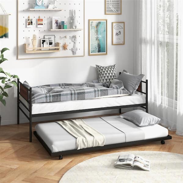 Black Twin 2-in.-1 Daybed Frame with Trundle Bed Set Steel Platform Sofa Bed