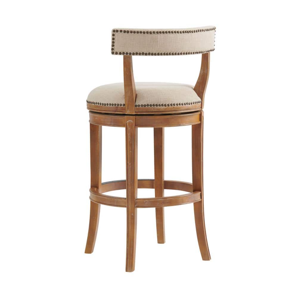 Weathered Brown and Beige Swivel Bar Stools with Nailhead Trim