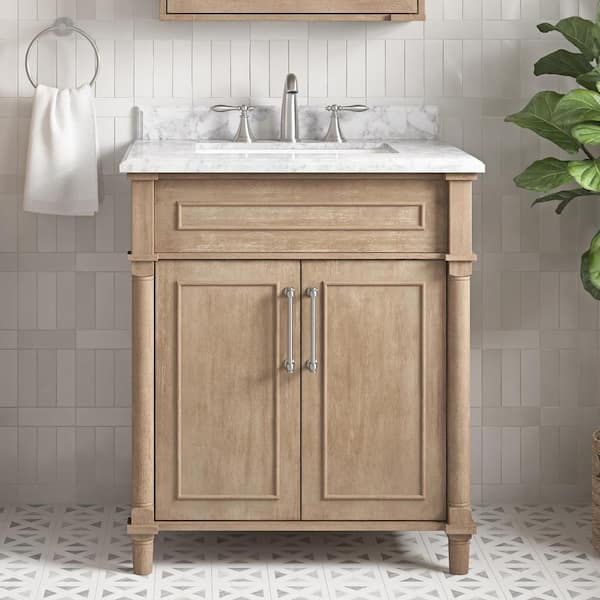 Aberdeen 30 in. Single Sink Antique Oak Bath Vanity with Carrara Marble Top (Assembled)