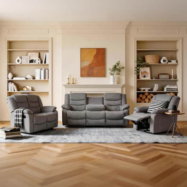 Ellesophas 3 Piece Fabric Gray Manual Reclining Sofa Set with Drop-Down Table and Cup Holders,Living Room Set
