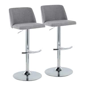 Toriano 33 in. Grey Fabric and Chrome Metal Adjustable Bar Stool with Rounded T Footrest (Set of 2)