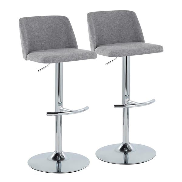 Lumisource Toriano 33 in. Grey Fabric and Chrome Metal Adjustable Bar Stool with Rounded T Footrest (Set of 2)