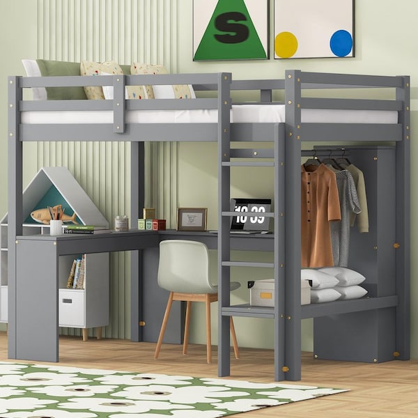 Qualler Gray Twin Size Loft Bed with L-Shaped Desk, Shelves and Wardrobe