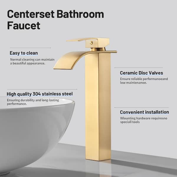 Waterfall Single Hole Single-Handle High-Arc Bathroom Faucet with Supply Line and Deckplate in Brushed Gold