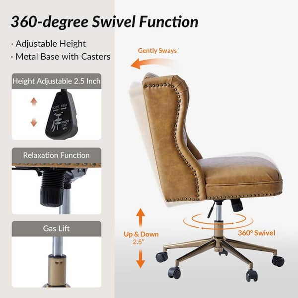 Jill Traditional Faux Leather Botton Tufted Office Chair in Camel with Nailhead Trims