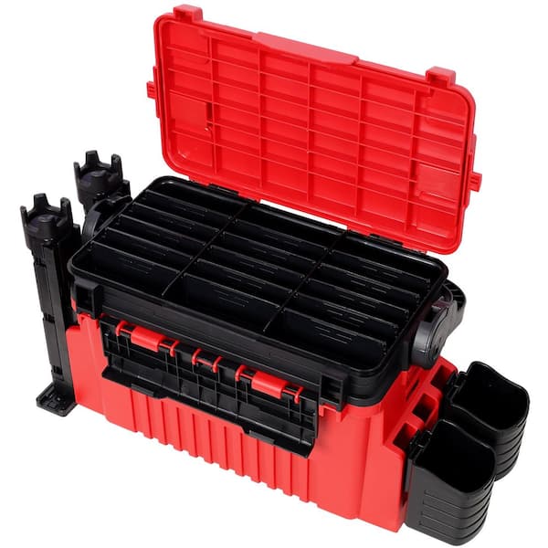 22.5 in. Red Dual-Layer Large Organizer Fishing Tackle Box with 2 Rod Holder, 2 Cup Holder and Strap