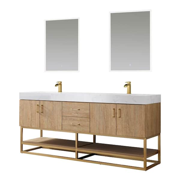 Alistair 72 in. W x 22 in. D x 33.9 in. H Bath Vanity in Oak with Stone Vanity Top in White with Double Sinks and Mirror