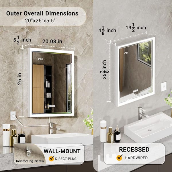 Anglora 20 in.W x 26 in.H Beveled Edge Rectangular Recessed/Surface Wall Medicine Cabinet with Mirror&Light(side mirror)