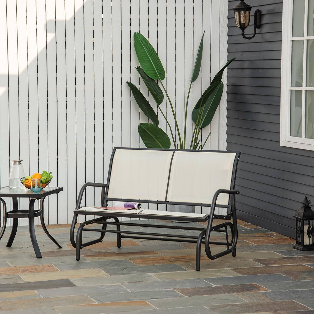 Beige Mesh and Steel Outdoor Glider Bench Loveseat