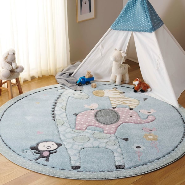 Carousel Kids 7 ft. x 7 ft. Blue Animal Print Round Rug