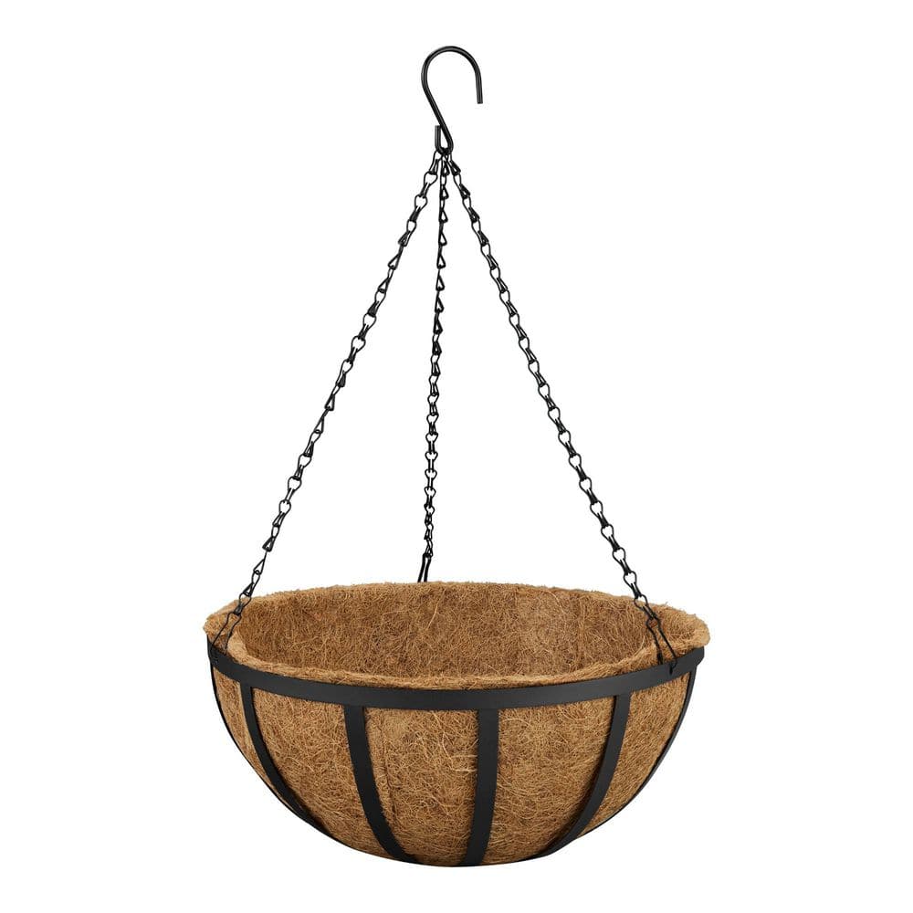Vigoro English Large Black Metal Hanging Round Planter with Coco