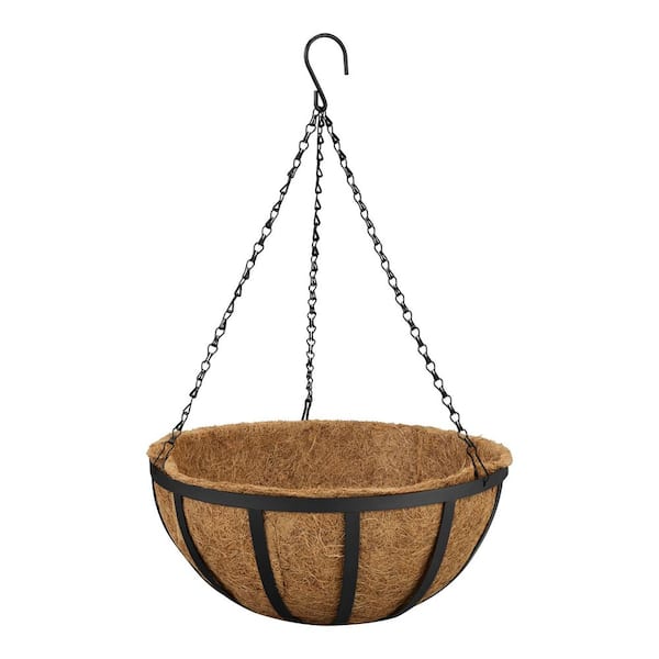 English Large Black Metal Hanging Round Planter with Coco Liner (16 in. L x 16 in. W x 7.5 in. H)