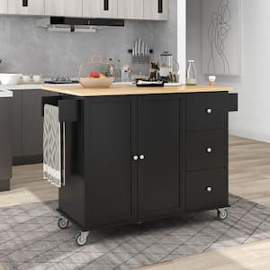 Black Solid Wood 52.76 in. Kitchen Island with Drop-Leaf Table Top and 3-Drawers