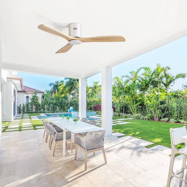 52 in. Indoor Smart Flush Mount Standard White Low Profile Solid Wood Ceiling Fan without Light, Remote/APP Control