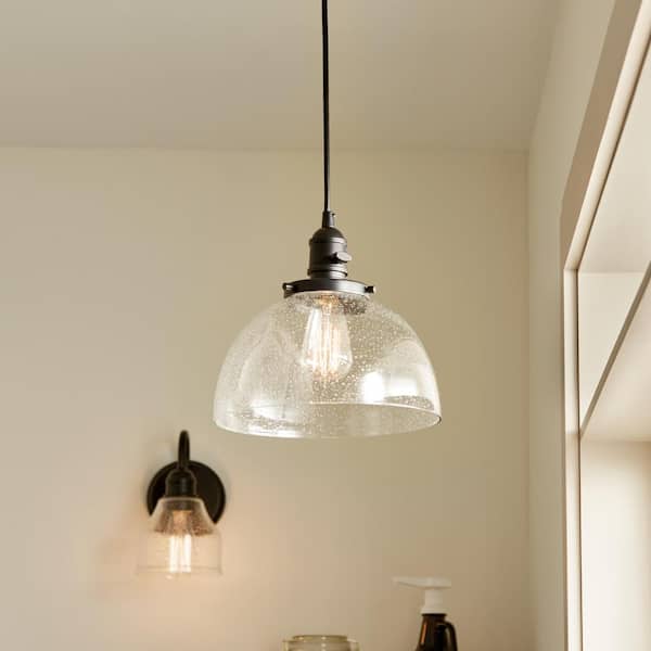 Avery 10.25 in. 1-Light Black Farmhouse Shaded Kitchen Goblet Mini Pendant Light with Clear Seeded Glass