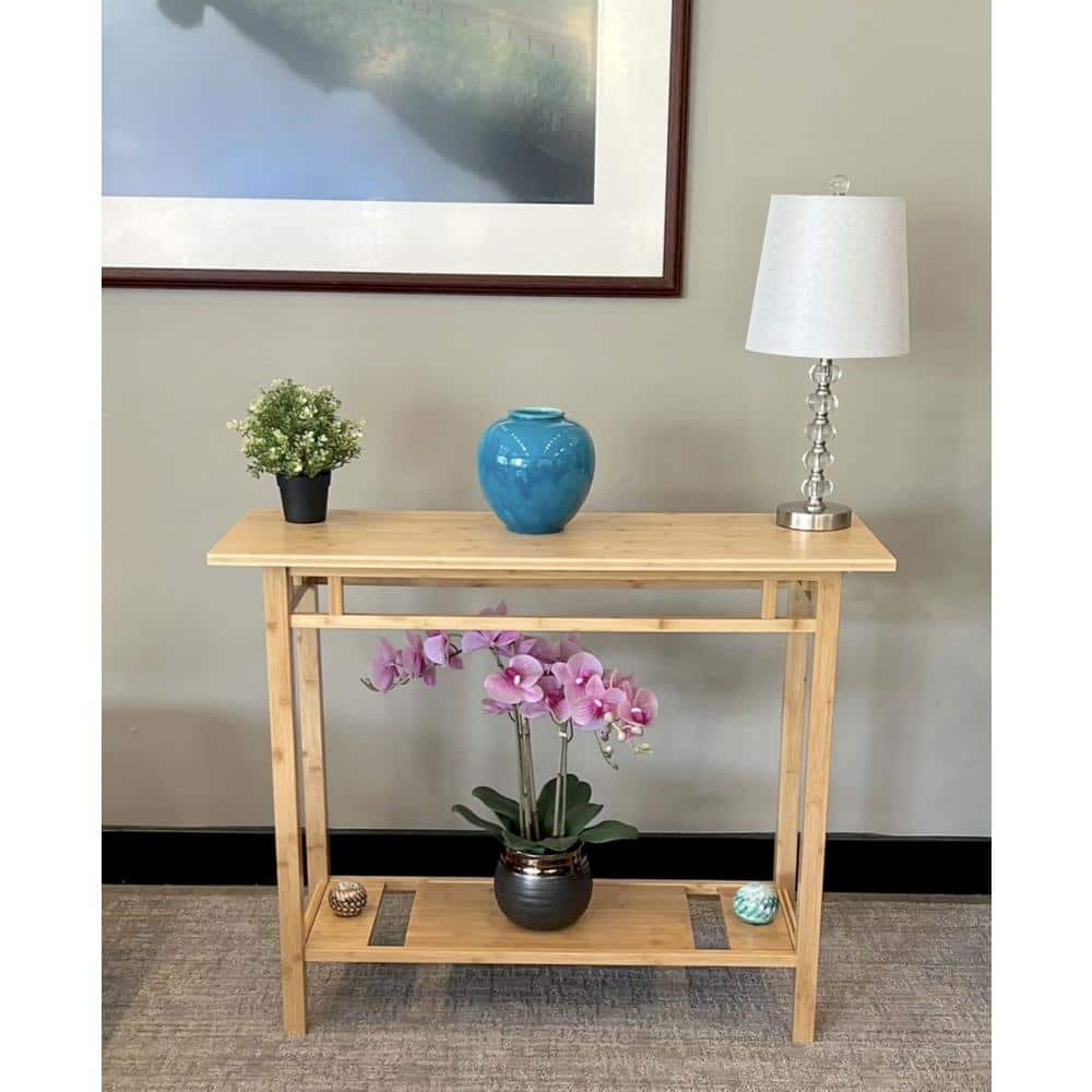 40 in. Natural Rectangle Bamboo Wood Console Table with Shelf
