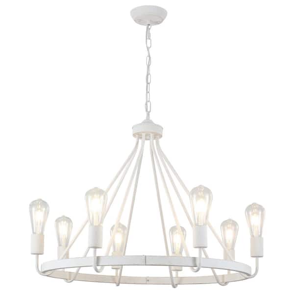 ADSENSTY 8-Light Distressed White Rustic Farmhouse Candle Style Wagon Wheel Chandelier for Dining Room with no Bulbs Included