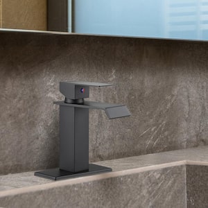 Minimalist Single Hole Single-Handle Low-Arc Bathroom Sink Faucet with Waterfall Spout Lavatory Faucet in Matte Black