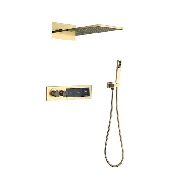 2-Spray Dual Handle 9 in. Push Button Control Wall Mounting Shower Head and Handheld Shower Head 1.59gpm in Brushed Gold