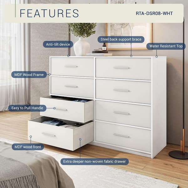 Techni Home White 8 Drawer 44.5 in. Wide Dresser RTA-DSR08-WHT