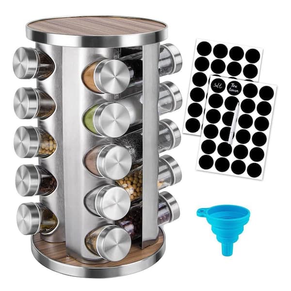20 Shelf Stainless Steel Finish Countertop Rotating Spice Rack Organizer with Jars for Kitchen Cabinet