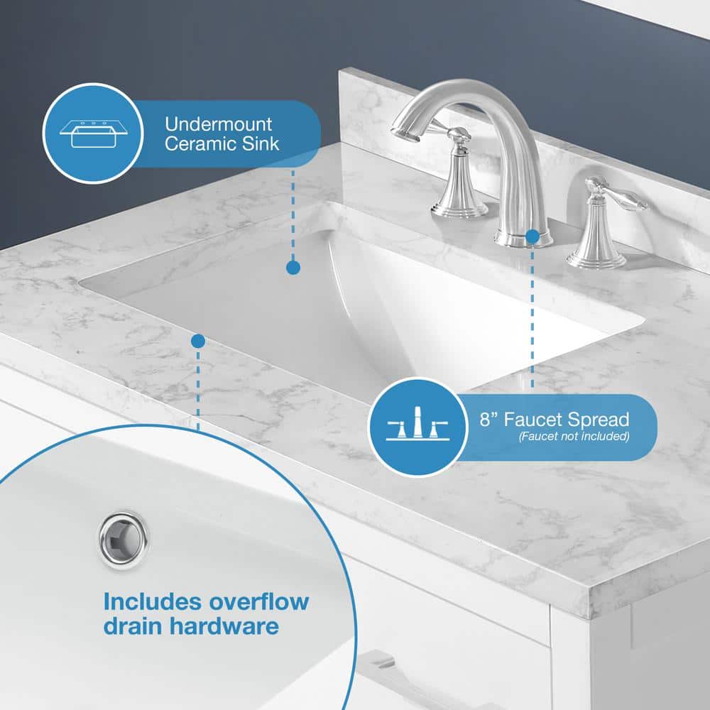 Athea 36" Pure White Freestanding Bathroom Vanity with Marble Countertop