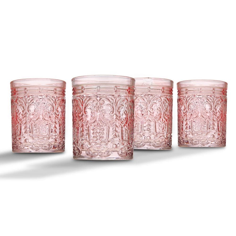 Pink Embossed Glass Whiskey Tumblers Set of Four