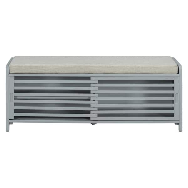 43.3 in. W x 15.3 in. D x 16.5 in. H Grey Wood Outdoor Storage Cabinet, Distressed Shutter Storage Bench for Living Room