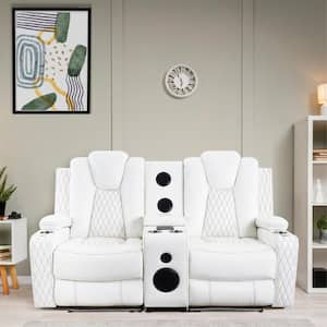 Home Theater Seating, Movie Theater Chairs, Power Recliner Loveseat with 6 Cupholders and Tray Air Leather in White