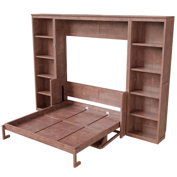 Dark Brown Wood Frame Queen Size Murphy Bed Wall Bed with Storage Bookshelves