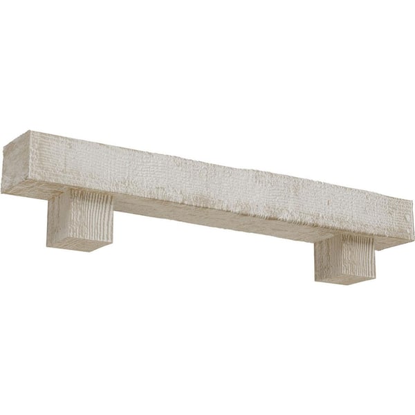 Ekena Millwork 6 in. x 10 in. x 5 ft. Rough Sawn Faux Wood Fireplace Mantel Kit, Alamo Corbels, White Washed