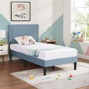 Upholstered Bed with Adjustable Headboard, No Box Spring Needed Platform Bed Frame, Bed Frame Light Blue Twin Bed