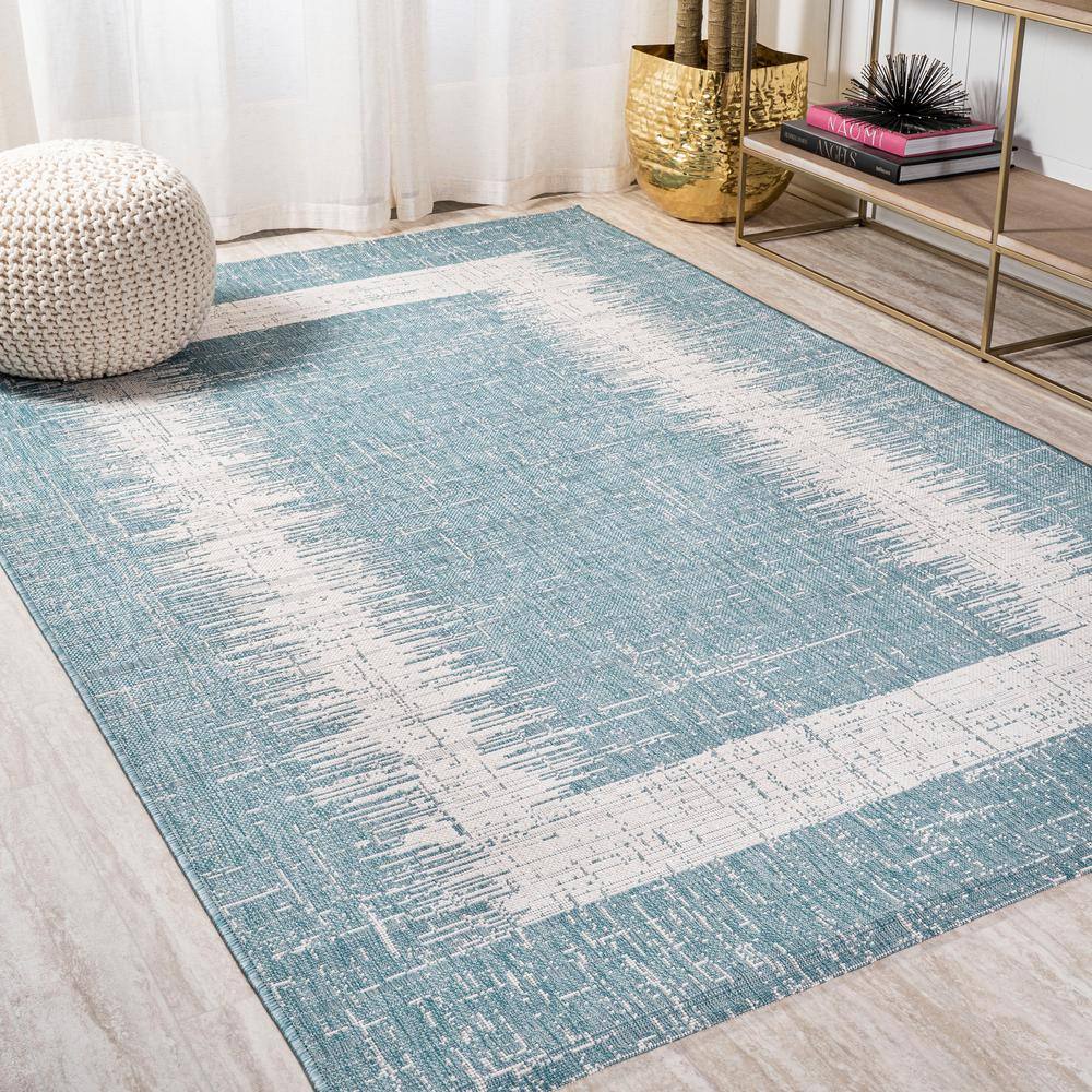 Aqua and Ivory Geometric Synthetic 3' x 5' Indoor/Outdoor Area Rug