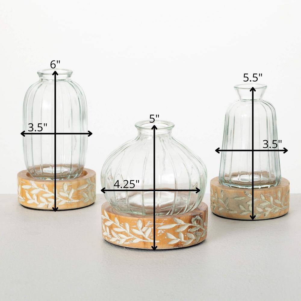 Embossed Glass and Wood Vase Set with Leaf Pattern, 3-Piece